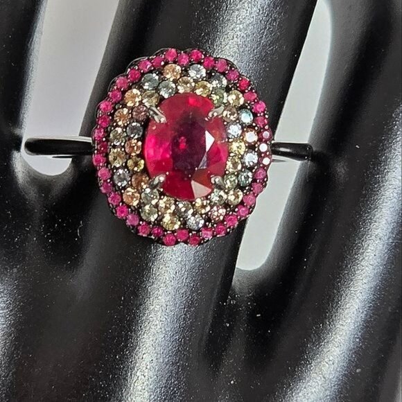 925 Sterling Silver Ring Sz 7.75 with Natural Oval Ruby & Myanmar Sapphire - Picture 10 of 12